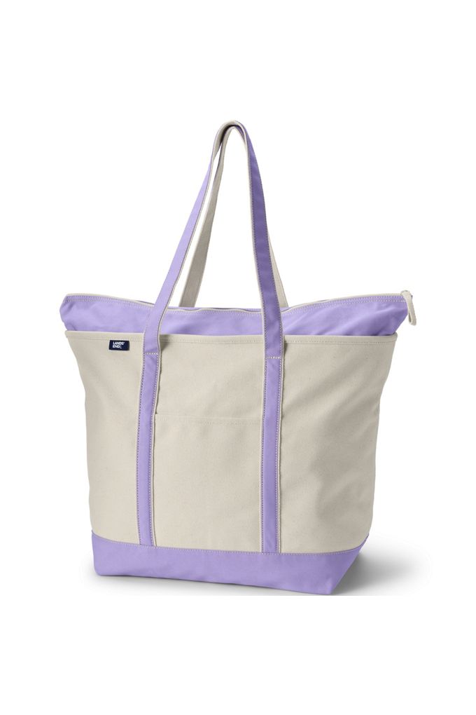 Extra Large Natural 5 Pocket Zip Top Long Handle Canvas Tote Bag - Lands' End - Ivory