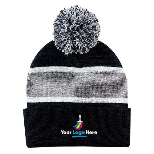 Striped Embroidered Pom Pom Beanie Winter Hat