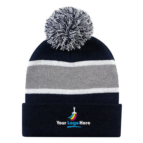 Striped Embroidered Pom Pom Beanie Winter Hat