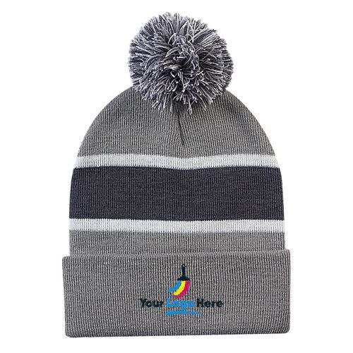 Striped Embroidered Pom Pom Beanie Winter Hat