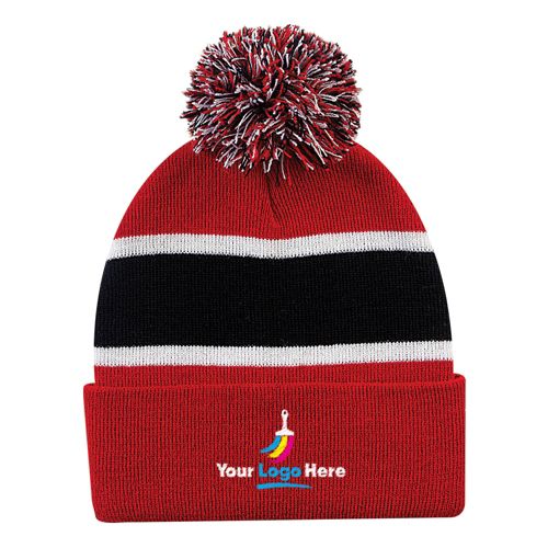 Striped Embroidered Pom Pom Beanie Winter Hat