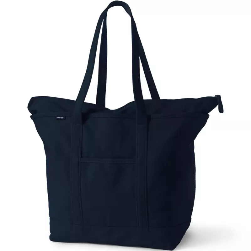 Extra Large Solid Color 5 Pocket Zip Top Long Handle Canvas Tote Bag, Front