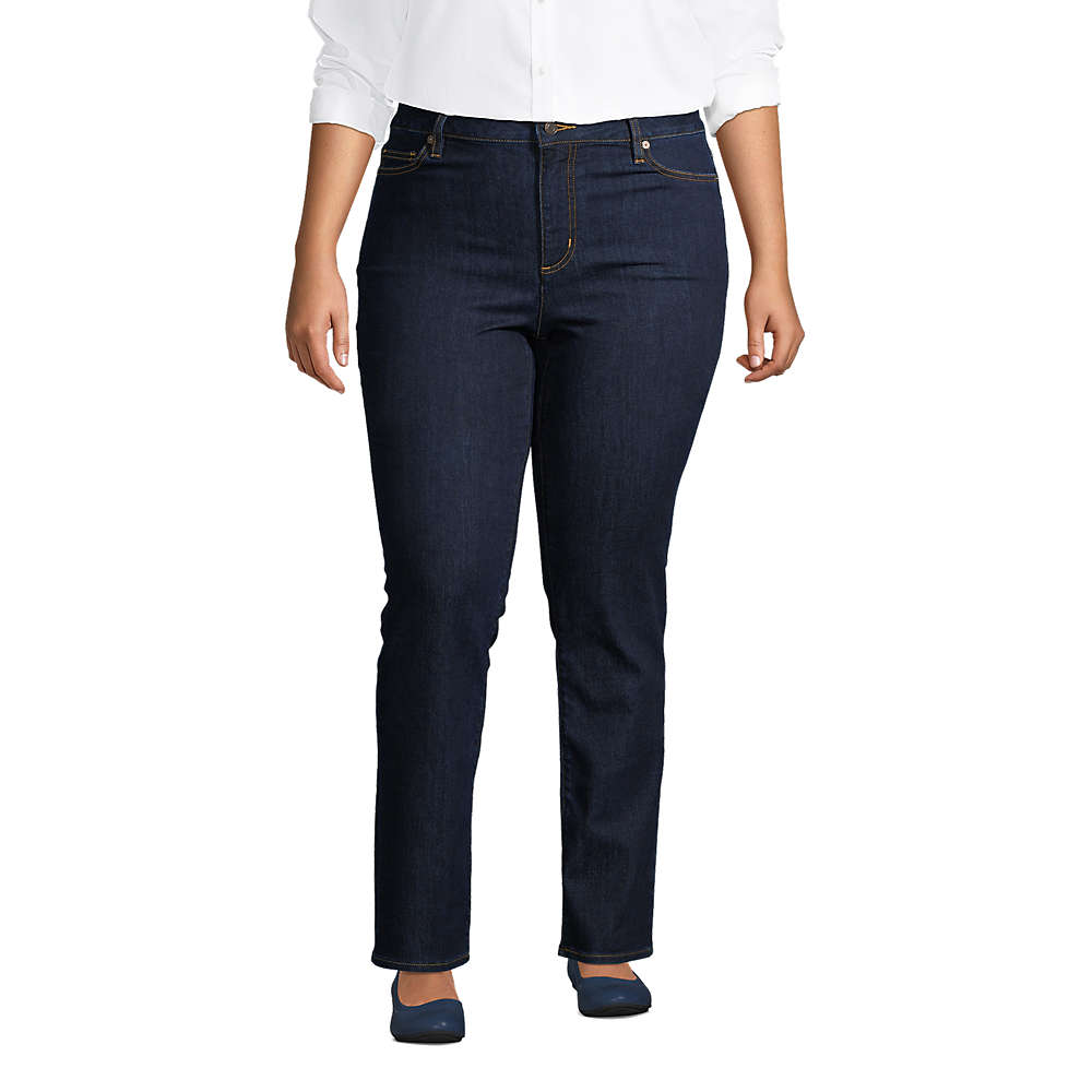 Women's Plus Size Mid Rise Straight Leg Blue Jeans, Front