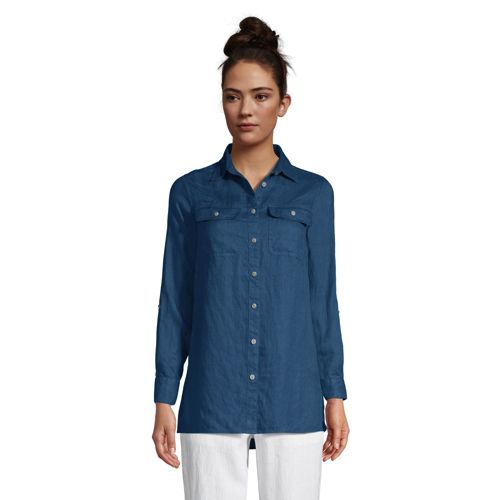 Pure Linen Roll Sleeve Utility Shirt, Women, Size: 8 Petite, Blue, by Lands’ End