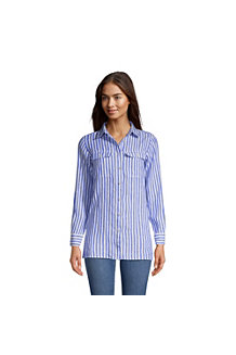 Women's Pure Linen Roll Sleeve Utility Tunic Shirt
