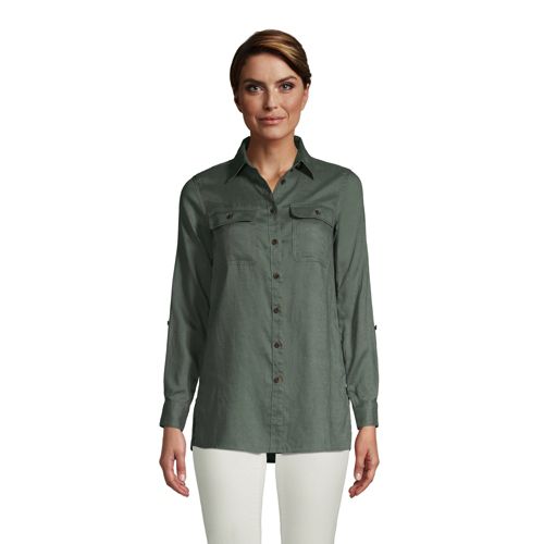 Pure Linen Roll Sleeve Utility Shirt, Women, Size: 14-16 Petite, Green, by Lands’ End