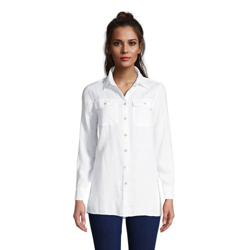 Women's Petite Pure Linen Roll Sleeve Utility Shirt