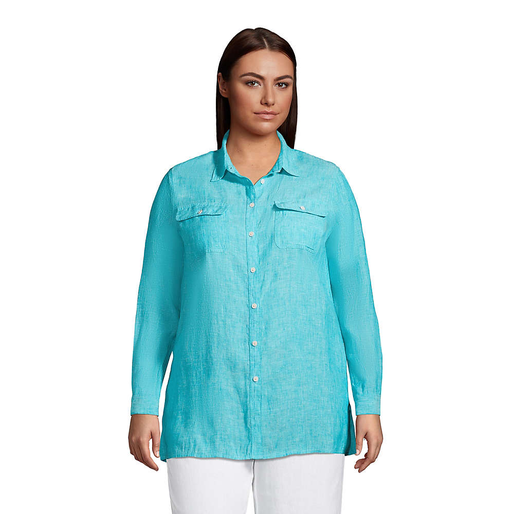 Women's Plus Size Linen Button Front Utility Tunic Top, Front