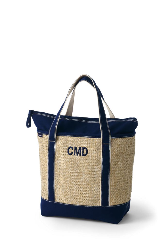 Image of Canvas Lined Straw Medium Zip Top Tote Bag - Lands' End - Blue