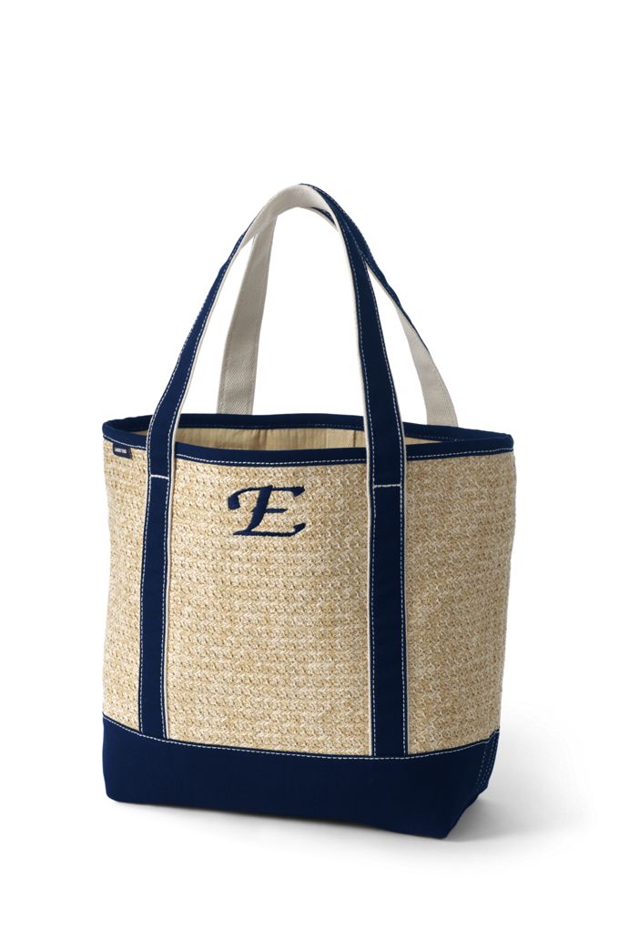 Image of Canvas Lined Straw Medium Open Top Tote Bag - Lands' End - Blue