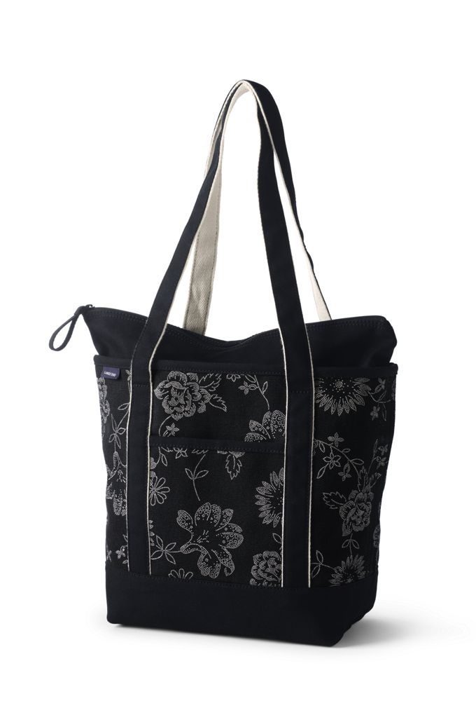 Lands' EndPrint Medium Zip Top Long Handle Canvas Tote Bag Lands' End