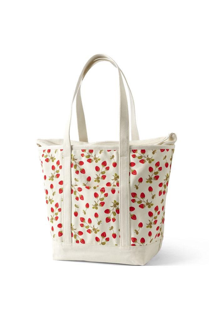 Lands' End Large Print 5 Pocket Zip Top Long Handle Canvas Tote Bag In White
