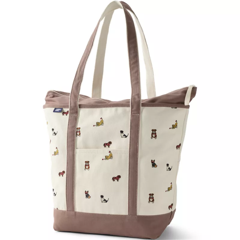 Large Print 5 Pocket Zip Top Long Handle Canvas Tote Bag, Front
