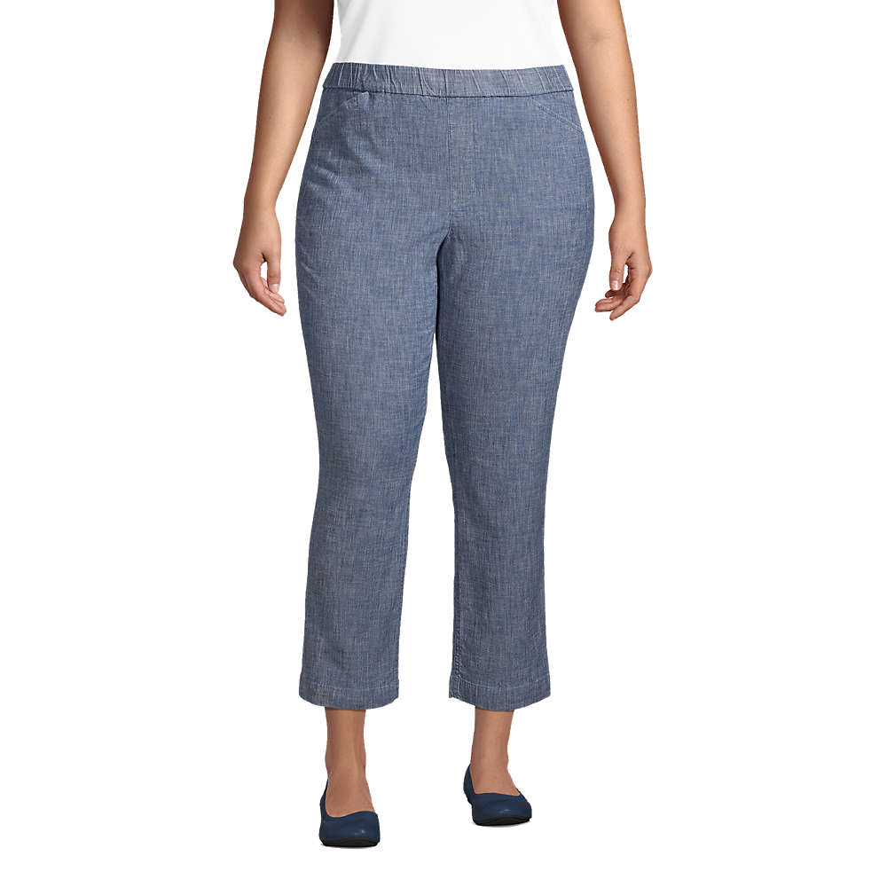 Women's Plus Size Mid Rise Chambray Pull On Crop Pants, Front