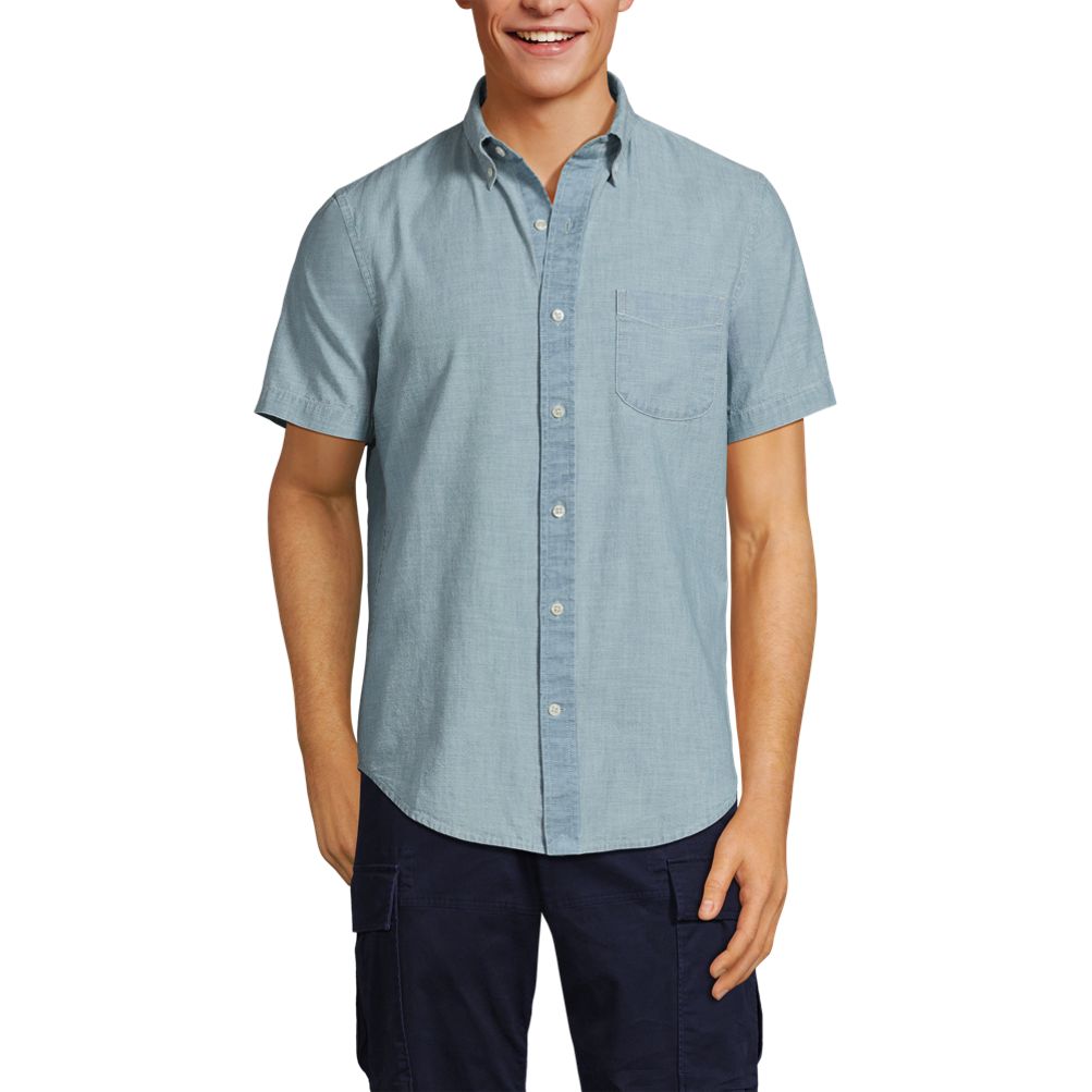 Men's Comfort Stretch Chambray Shirt, Traditional Untucked Fit,  Short-Sleeve