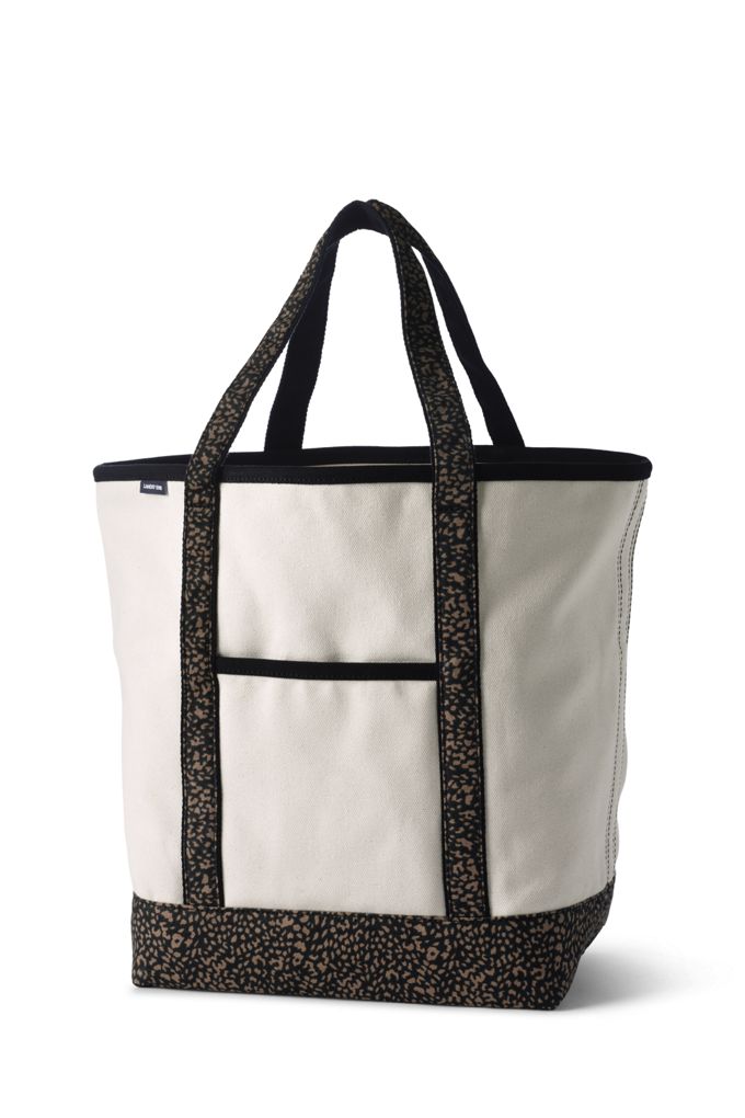 Image of Large Natural With Printed Handle Open Top Canvas Tote Bag - Lands' End - Brown