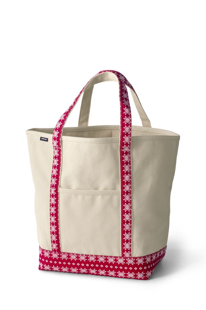 Image of Large Natural With Printed Handle Open Top Canvas Tote Bag - Lands' End - Red