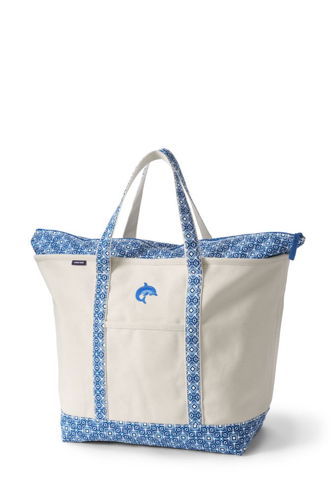 Image of Extra Large Natural With Printed Handle Zip Top Canvas Tote Bag - Lands' End - Ivory
