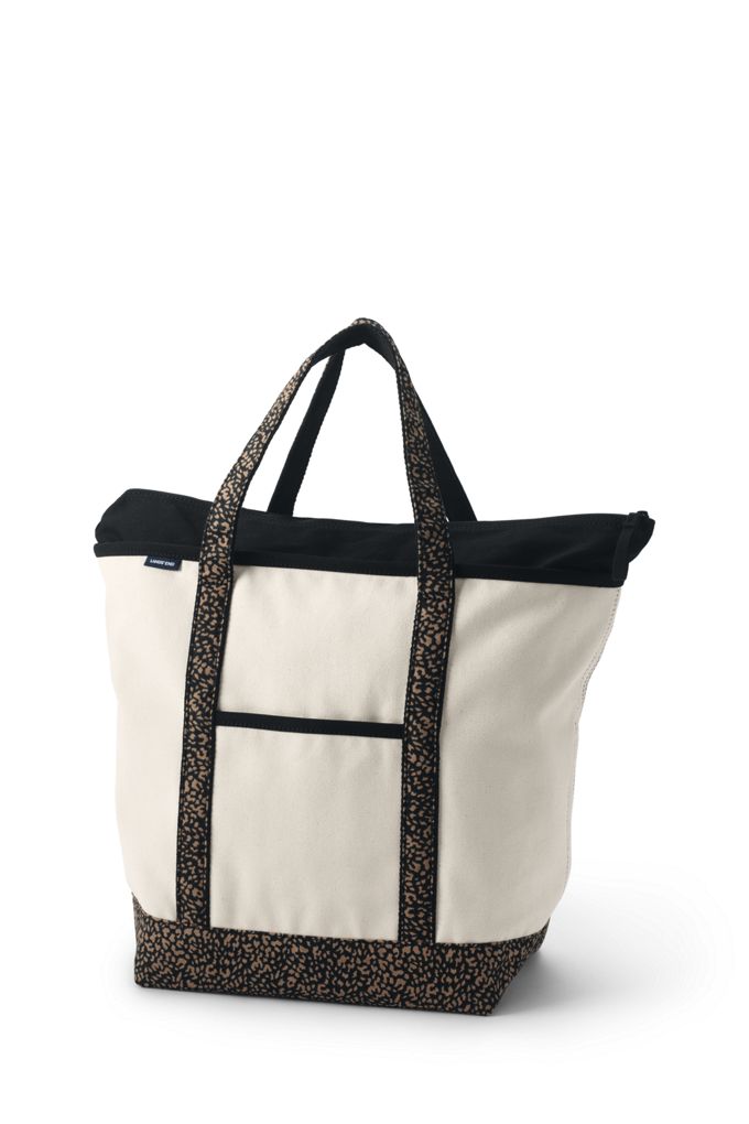 Image of Large Natural With Printed Handle Zip Top Canvas Tote Bag - Lands' End - Brown
