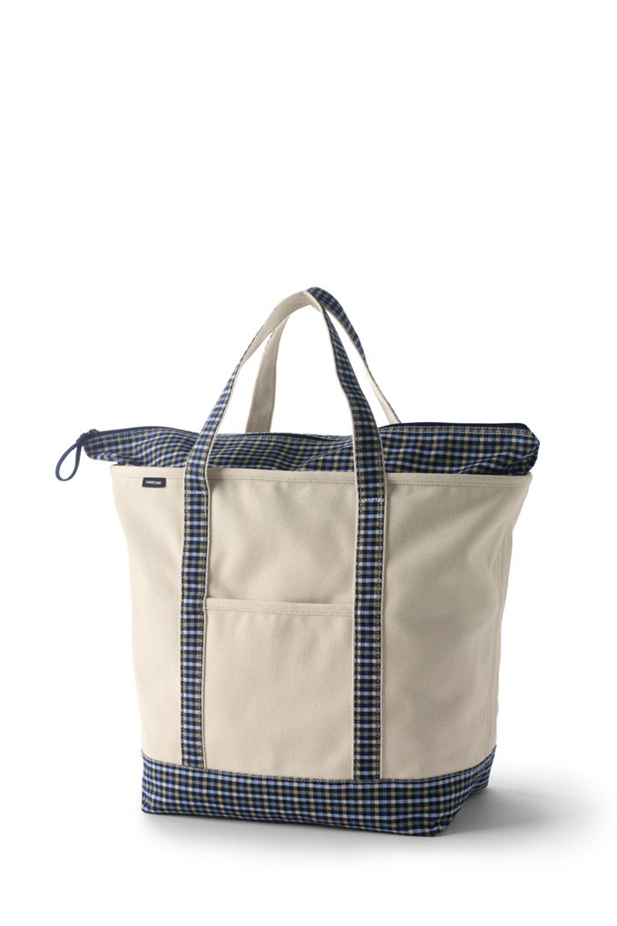 Image of Large Natural With Printed Handle Zip Top Canvas Tote Bag - Lands' End - Blue