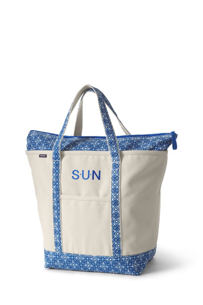 Image of Large Natural With Printed Handle Zip Top Canvas Tote Bag - Lands' End - Ivory