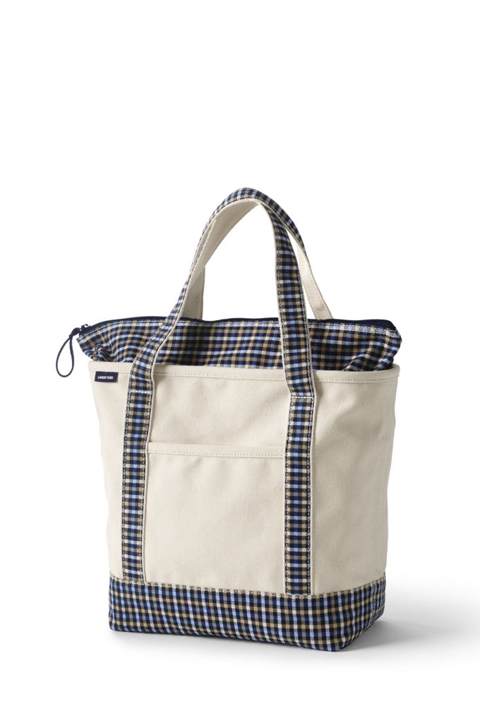 Image of Medium Natural With Printed Handle Zip Top Canvas Tote Bag - Lands' End - Blue