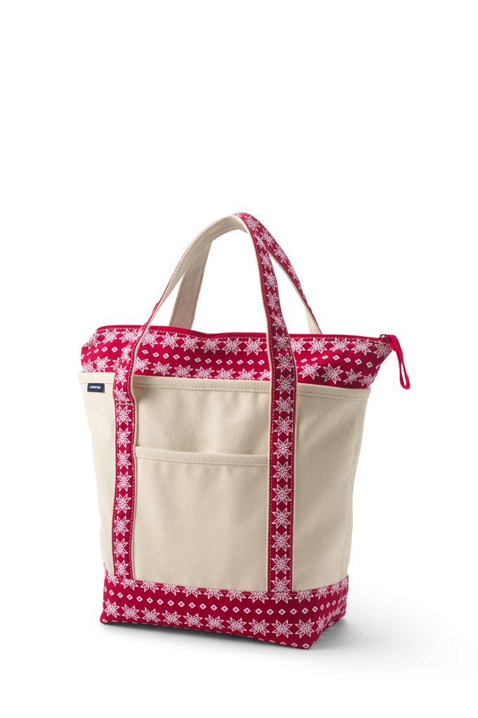Image of Medium Natural With Printed Handle Zip Top Canvas Tote Bag - Lands' End - Red