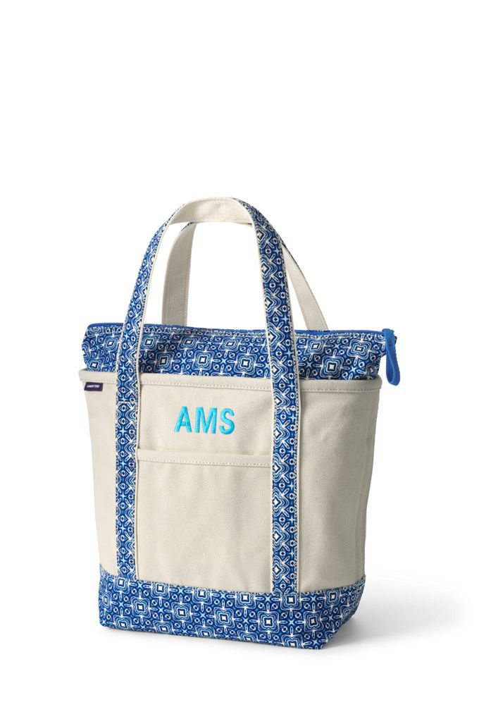 Image of Medium Natural With Printed Handle Zip Top Canvas Tote Bag - Lands' End - Ivory