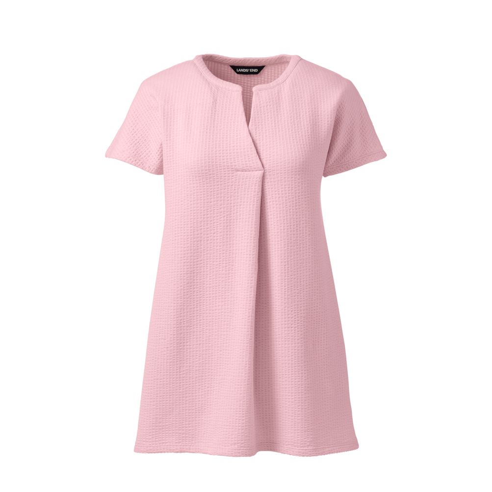 【U LAN】Land semi-crop over short sleeves Women's Seersucker Short Sleeve Notch Neck Tunic Top | Lands