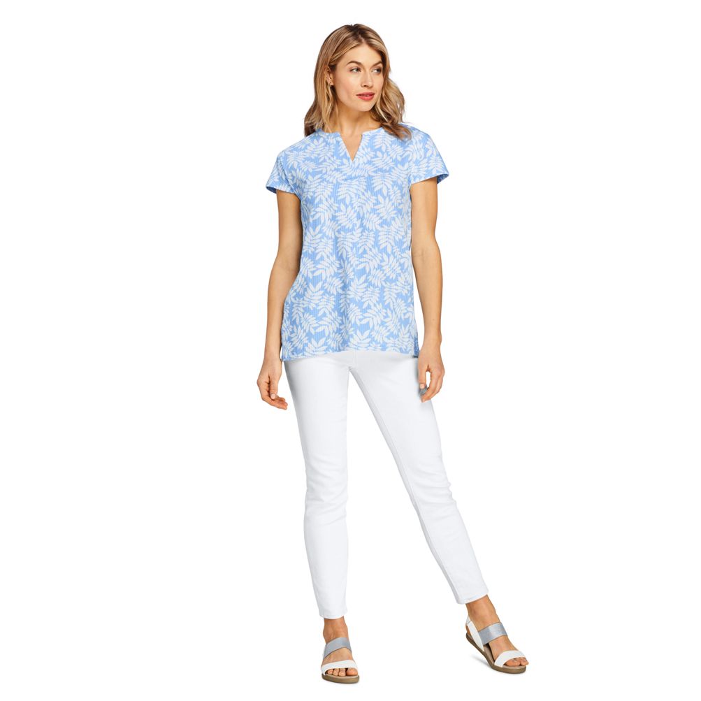 Women's Seersucker Short Sleeve Notch Neck Tunic Top