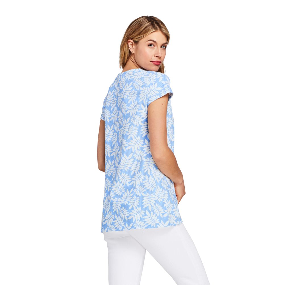【U LAN】Land semi-crop over short sleeves Women's Seersucker Short Sleeve Notch Neck Tunic Top | Lands