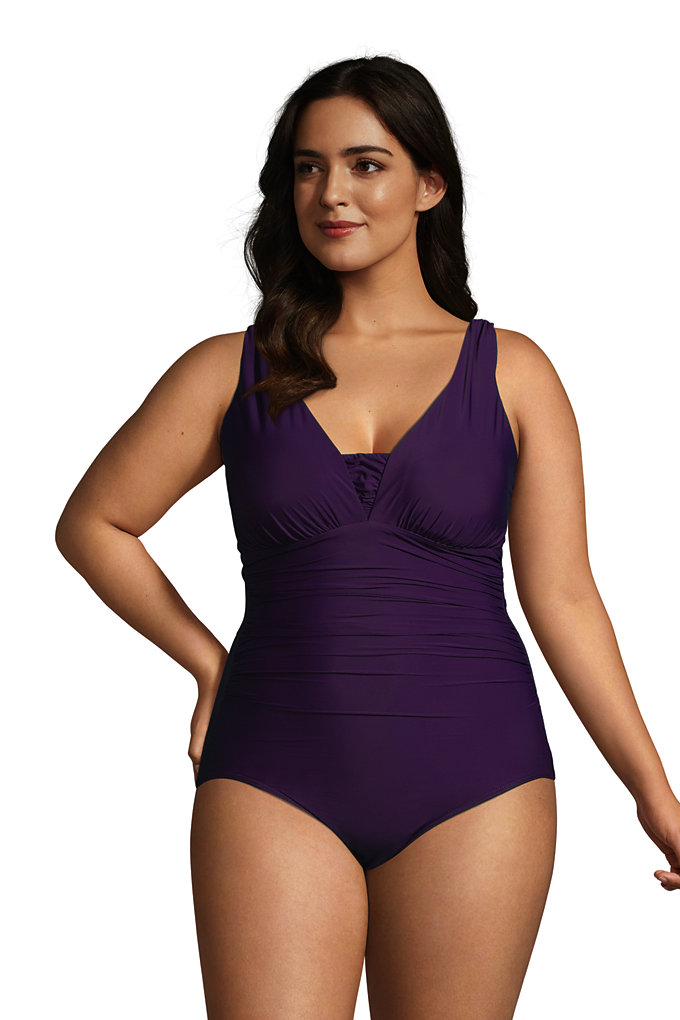 Women's Plus Size DDD-Cup Slender Grecian Tummy Control Chlorine Resistant One Piece Swimsuit - Lands' End - Purple - 16W