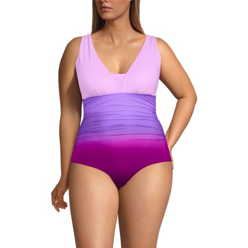  Lands' End Gemusterter Shape-badeanzug Mit V-ausschnitt Slender, Damen, Größe:48 Plus, Lila, Elasthan/nylon-mischung, By Lands' End 