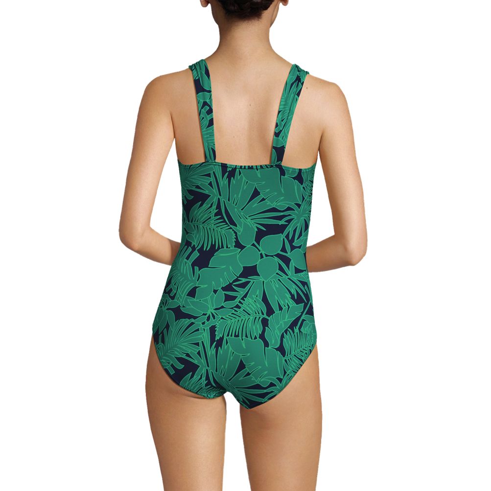 Lands' End Women's Plus Size SlenderSuit Grecian Tummy Control Chlorine  Resistant One Piece Swimsuit - 16W - Navy/Emerald Palm Foliage