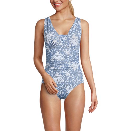  Lands' End Gemusterter Shape-badeanzug Mit V-ausschnitt Slender, Damen, Größe:48 Regular, Blau, Elasthan/nylon-mischung, By Lands' End 
