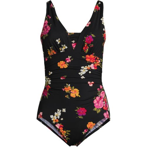  Lands' End Gemusterter Shape-badeanzug Mit V-ausschnitt Slender, Damen, Größe:36 Regular, Schwarz, Elasthan/nylon-mischung, By Lands' End 