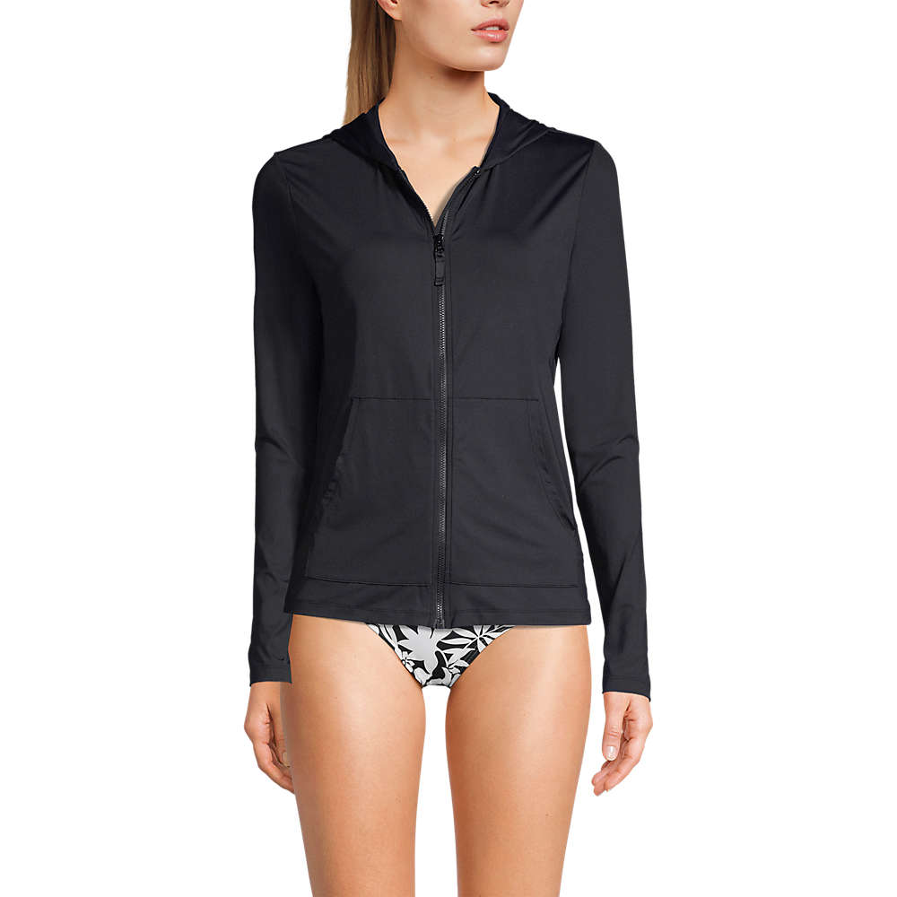 Women's Hooded Full Zip Long Sleeve Rash Guard UPF 50 Sun Protection Cover-up Pockets, Front