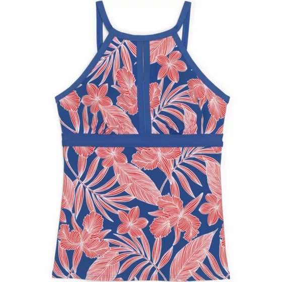 Women's Plus Size Keyhole High Neck Modest Tankini Top Swimsuit Adjustable Straps Print - primary