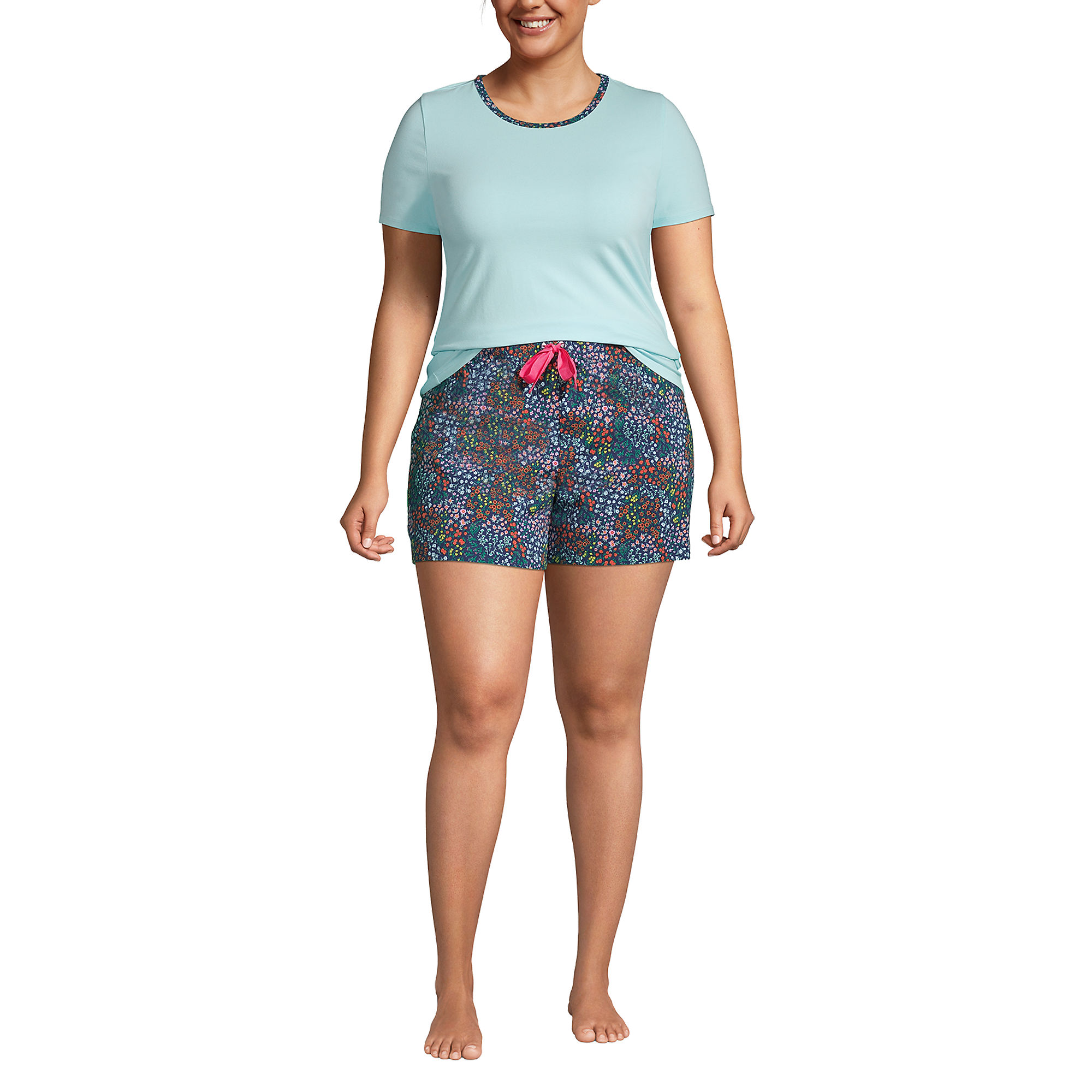 Lands End Women's Plus Size Knit Pajama Short Set Short Sleeve T-Shirt and Short (Deep Sea Navy Mini Floral)