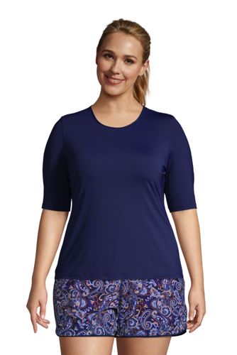 Women's Plus Size Crew Neck Elbow Sleeve Rash Guard UPF 50 Sun Protection Modest Tee Lands' End