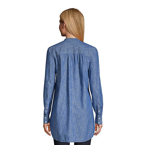 Women's Petite Size Chambray A-Line Long Sleeve Tunic Top - Secondary