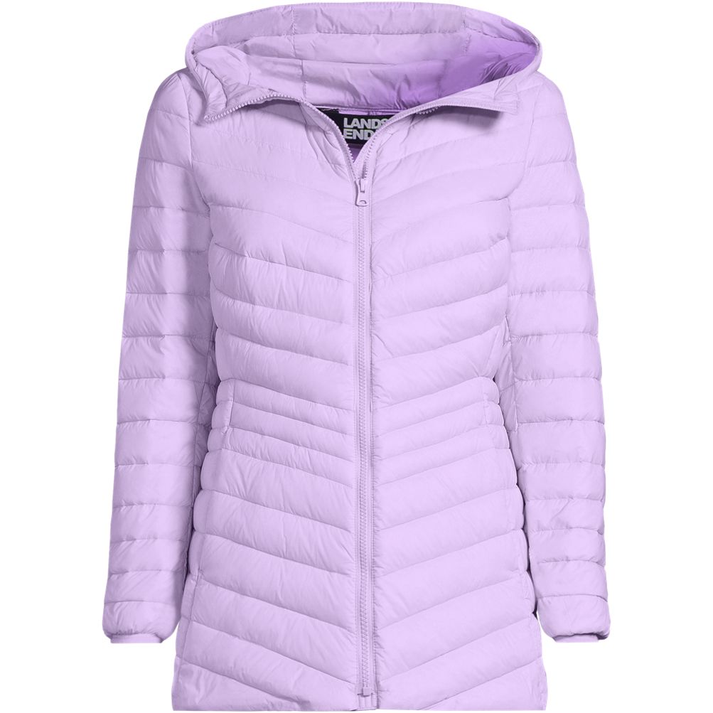 Women s Wanderweight Packable Down Hooded Long Jacket Lands End