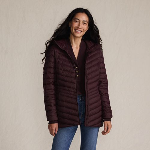 Women's Wanderweight Packable Down Hooded Long Jacket, Front