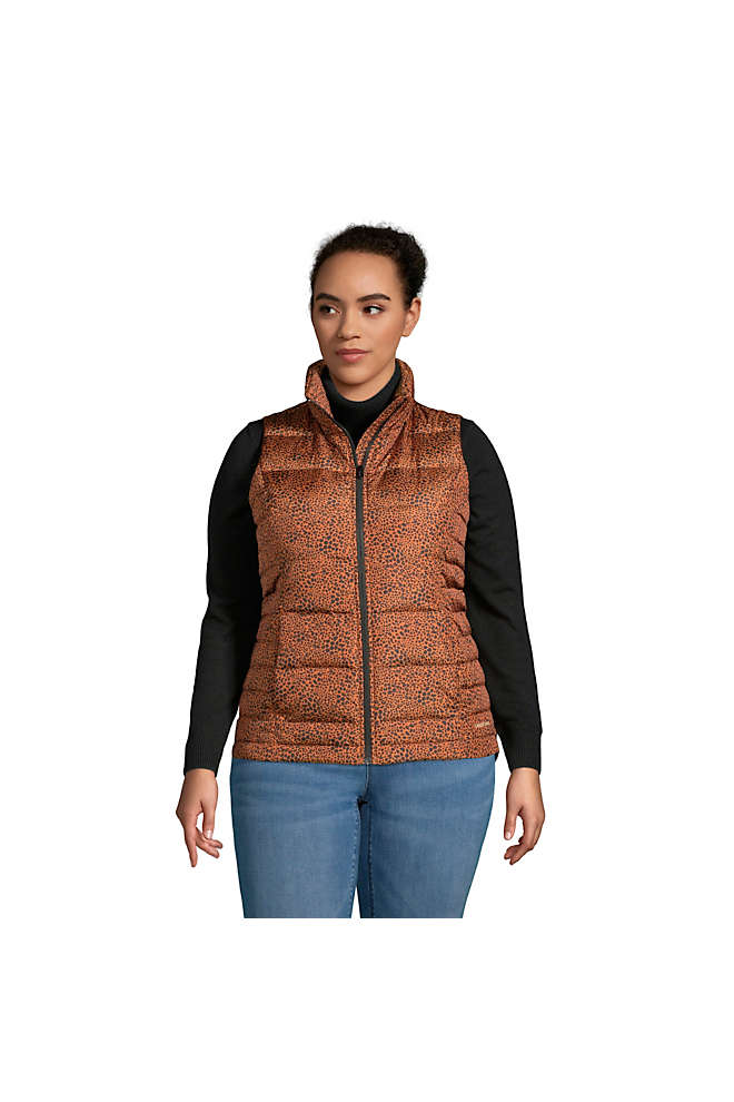 Lands End Down Puffer Vest Size Large 14-16 Pockets Women Brown Leopard Print 