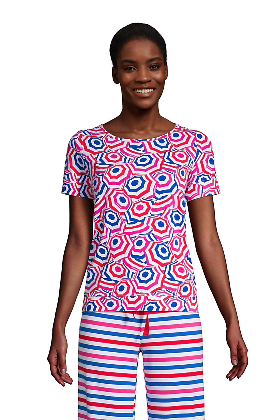 Lands End Women's Lounge Short Sleeve Crewneck Pajama T-shirt (Vibrant Magenta Beach Umbrella)