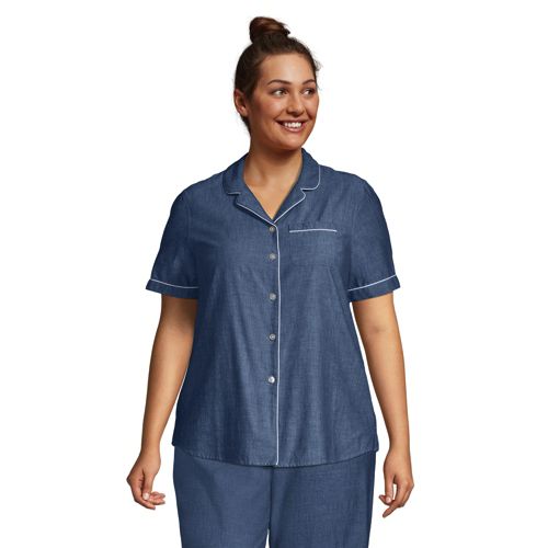 Short Sleeve Cotton Poplin Pyjama Shirt, Women, Size: 24-26 Plus, Blue, by Lands’ End