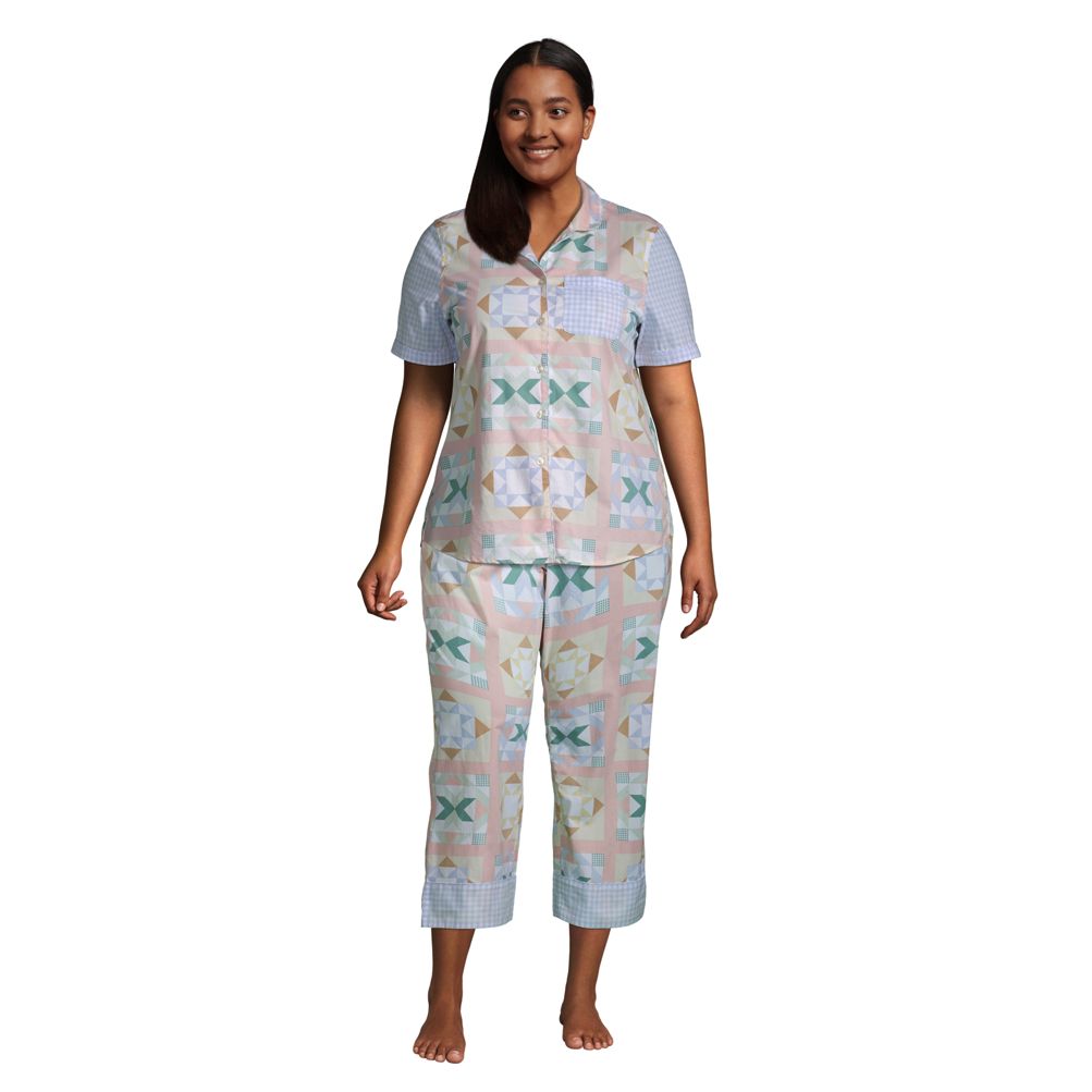 Lands' End Women's Plus Size Knit Pajama Set Long Sleeve T-shirt