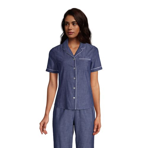 Short Sleeve Cotton Poplin Pyjama Shirt, Women, Size: 14-16 Petite, Blue, by Lands’ End