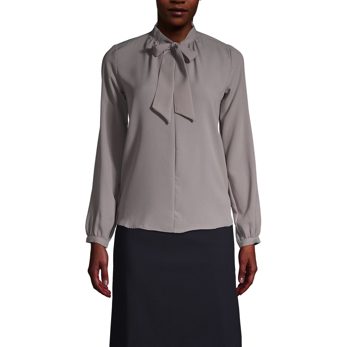 Womens Petite Polyester Crepe Long Sleeve Tie Neck Popover Blouse