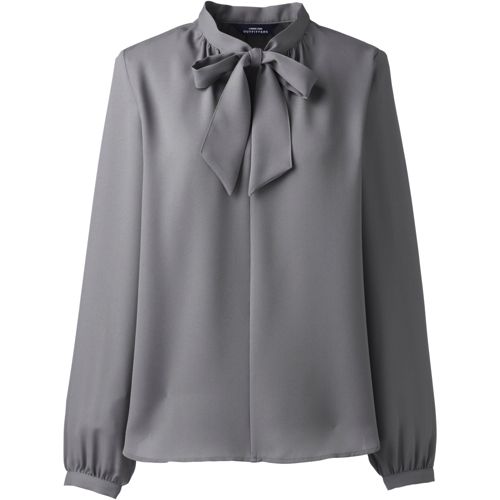 Women's Polyester Crepe Long Sleeve Tie Neck Popover Blouse